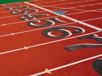 The starting line of a running track